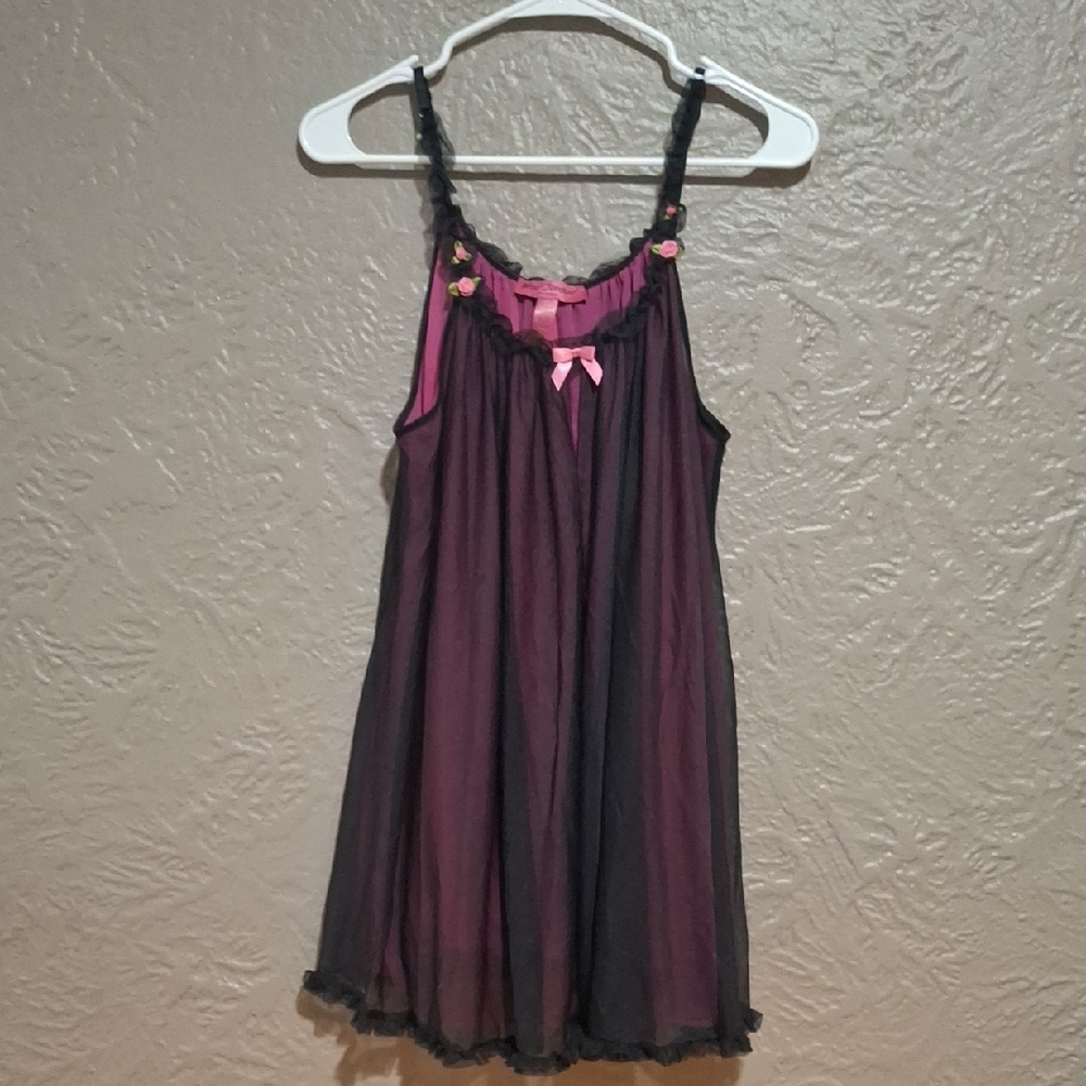Betsey Johnson Black and Pink Sheer Babydoll Chemise